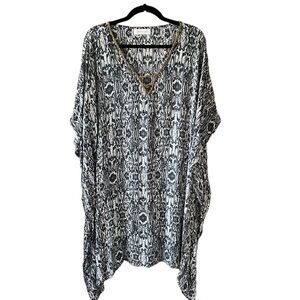 Beachgold Snake Print Beaded Collar Swim Cover Kaftan Mini Dress M/L Gray Cream